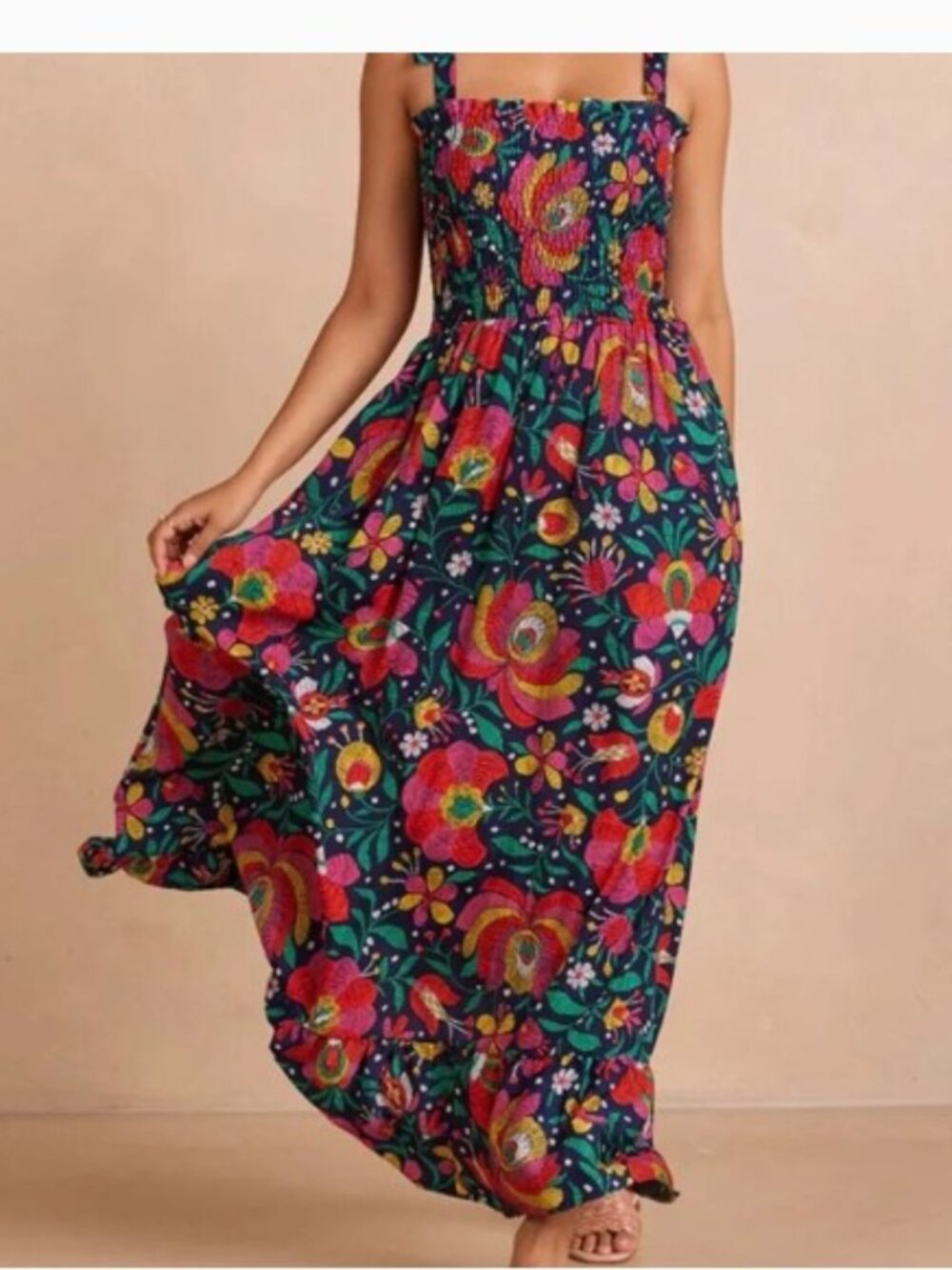 Summersalt Brand Women's size Medium The Silky Luxe Smocked Maxi Dress Floral